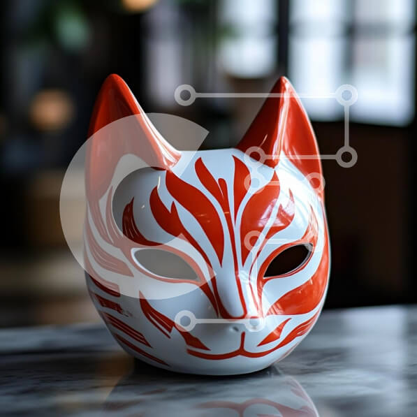 Intra Συλλεκτικό Ξύλινο Παζλ Plywood  4mm - Παραδοσιακή μάσκα αιλουροειδών σε κόκκινο και λευκό Σε Ξύλινο Κουτί - Διαστάσεις Puzzle: 10x10 cm – 25 κομμάτια