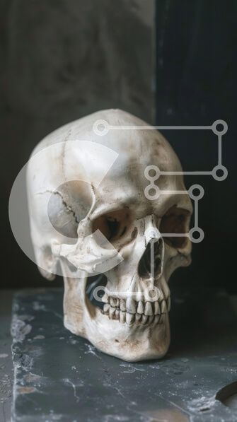 Intra Συλλεκτικό Ξύλινο Παζλ Plywood  4mm - Ανθρώπινο κρανίο σε σκοτεινή επιφάνεια Σε Ξύλινο Κουτί - Διαστάσεις Puzzle: 10x10 cm – 25 κομμάτια