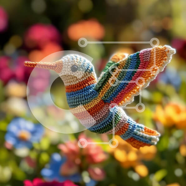 Intra Συλλεκτικό Ξύλινο Παζλ Plywood  4mm - Κροσέ κολίβριο σε πτήση με πολύχρωμα λουλούδια Σε Ξύλινο Κουτί - Διαστάσεις Puzzle: 10x10 cm – 25 κομμάτια