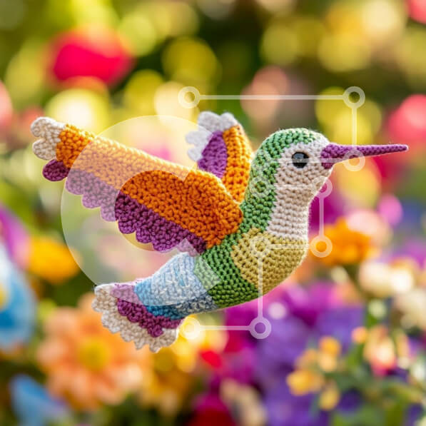 Intra Συλλεκτικό Ξύλινο Παζλ Plywood  4mm - Κροσέ κολίβριο με φόντο πολύχρωμα λουλούδια Σε Ξύλινο Κουτί - Διαστάσεις Puzzle: 10x10 cm – 25 κομμάτια