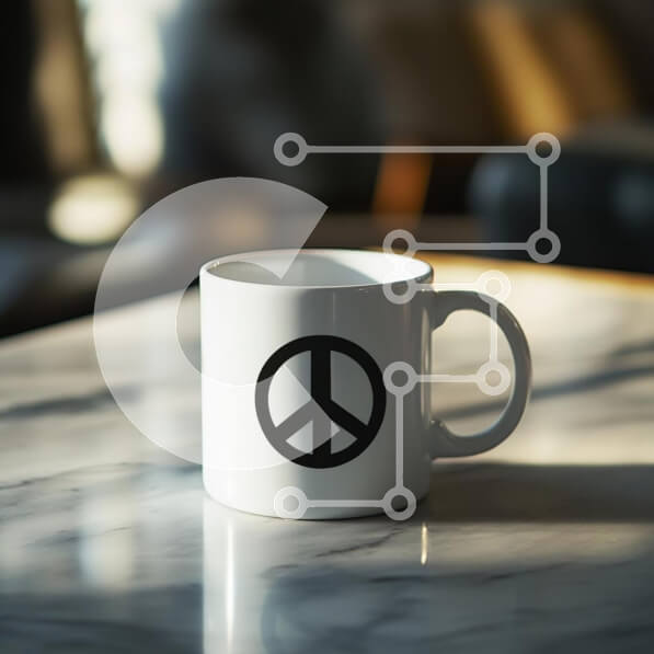 Intra Συλλεκτικό Ξύλινο Παζλ Plywood  4mm - Λευκή κούπα με σύμβολο ειρήνης σε μαρμάρινο τραπέζι Σε Ξύλινο Κουτί - Διαστάσεις: 10x10 cm – 25 κομμάτια