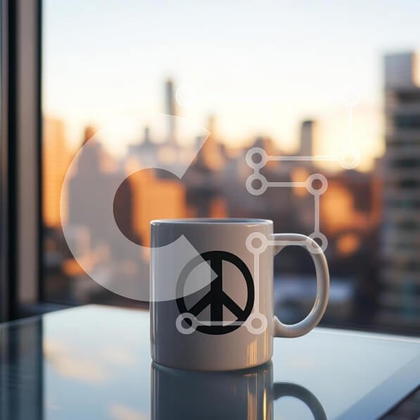 Intra Συλλεκτικό Ξύλινο Παζλ Plywood  4mm - Κούπα με σύμβολο ειρήνης ενάντια στον ορίζοντα της πόλης Σε Ξύλινο Κουτί - Διαστάσεις Puzzle: 10x10 cm – 25 κομμάτια