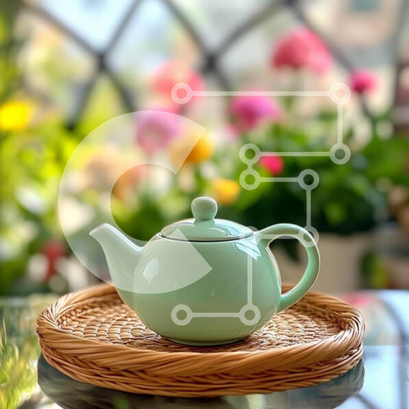 Intra Συλλεκτικό Ξύλινο Παζλ Plywood  4mm - Πράσινη τσαγιέρα μέντας σε υφασμένο δίσκο με λουλουδάτο φόντο Σε Ξύλινο Κουτί - Διαστάσεις: 10x10 cm – 25 κομμάτια