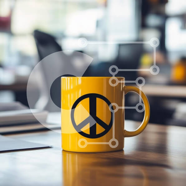 Intra Συλλεκτικό Ξύλινο Παζλ Plywood  4mm - Κίτρινη κούπα με σύμβολο ειρήνης σε περιβάλλον γραφείου Σε Ξύλινο Κουτί - Διαστάσεις: 10x10 cm – 25 κομμάτια