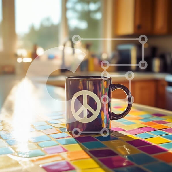 Intra Συλλεκτικό Ξύλινο Παζλ Plywood  4mm - Πολύχρωμη κούπα ειρήνης σε μωσαϊκό επιτραπέζιο στην κουζίνα Σε Ξύλινο Κουτί - Διαστάσεις Puzzle: 10x10 cm – 25 κομμάτια