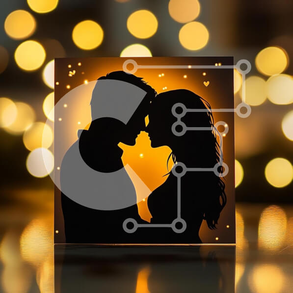 Intra Συλλεκτικό Ξύλινο Παζλ Plywood  4mm - Σιλουέτα ενός ερωτευμένου ζευγαριού με ζεστό φόντο bokeh Σε Ξύλινο Κουτί - Διαστάσεις Puzzle: 10x10 cm – 25 κομμάτια