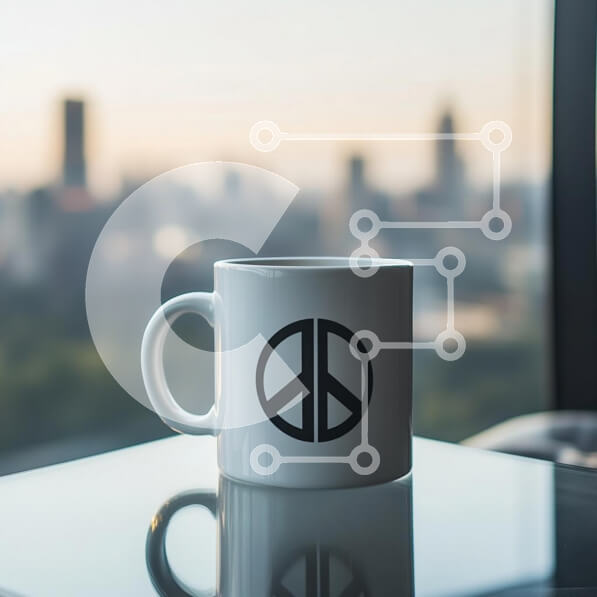 Intra Συλλεκτικό Ξύλινο Παζλ Plywood  4mm - Λευκή κούπα με σύμβολο ειρήνης σε αστικό φόντο Σε Ξύλινο Κουτί - Διαστάσεις: 10x10 cm – 25 κομμάτια