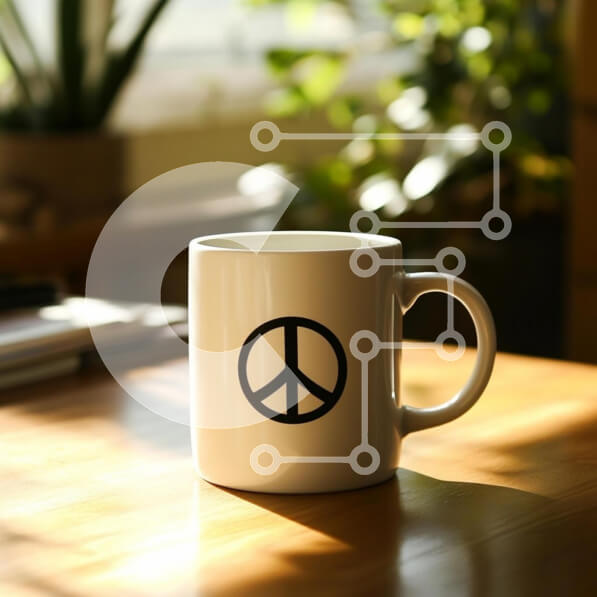 Intra Συλλεκτικό Ξύλινο Παζλ Plywood  4mm - Κούπα σύμβολο ειρήνης σε ξύλινο τραπέζι Σε Ξύλινο Κουτί - Διαστάσεις: 10x10 cm – 25 κομμάτια