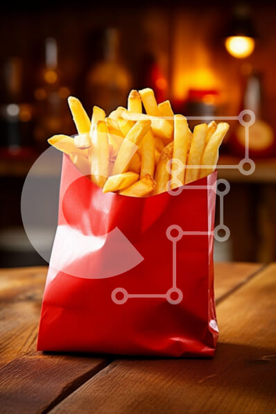 Σετ των 2 Intra Συλλεκτικό Ξύλινο Παζλ Plywood  4mm - Κόκκινη τσάντα με τηγανιτές πατάτες σε ένα ξύλινο τραπέζι Σε Ξύλινο Κουτί - Διαστάσεις: 10x10 cm – 25 κομμάτια