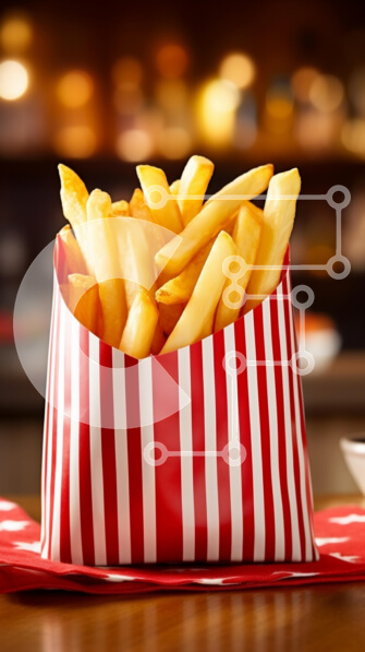 Intra Συλλεκτικό Ξύλινο Παζλ Plywood  4mm - Νόστιμες τηγανιτές πατάτες σε ερυθρόλευκο ριγέ δοχείο Σε Ξύλινο Κουτί - Διαστάσεις: 10x10 cm – 25 κομμάτια