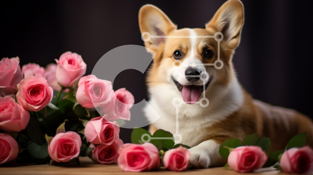 Σετ των 2 Intra Συλλεκτικό Ξύλινο Παζλ Plywood  4mm - Χαρούμενα Corgi ανάμεσα σε ροζ τριαντάφυλλα Σε Ξύλινο Κουτί - Διαστάσεις: 10x10 cm – 25 κομμάτια