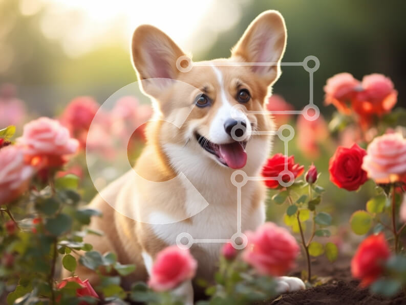 Σετ των 2 Intra Συλλεκτικό Ξύλινο Παζλ Plywood  4mm - Corgi σε έναν κήπο με τριαντάφυλλα Σε Ξύλινο Κουτί - Διαστάσεις: 10x10 cm – 25 κομμάτια