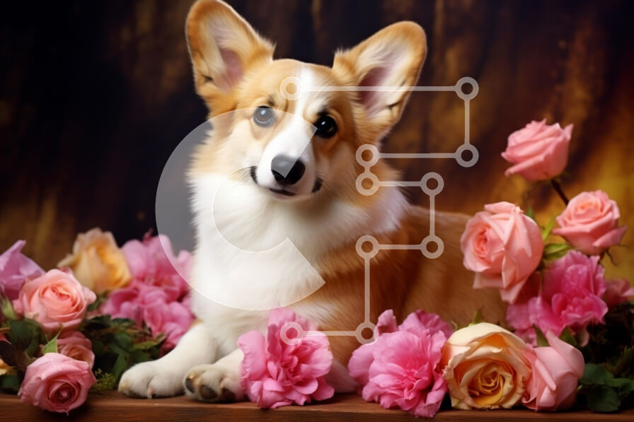 Σετ των 2 Intra Συλλεκτικό Ξύλινο Παζλ Plywood  4mm - Corgi που περιβάλλεται από λουλούδια Σε Ξύλινο Κουτί - Διαστάσεις: 10x10 cm – 25 κομμάτια