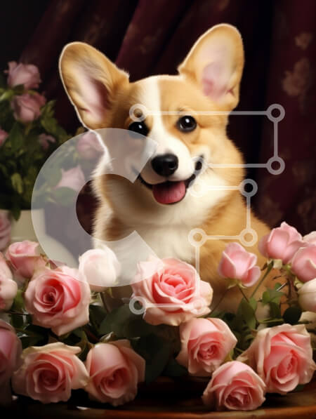 Σετ των 2 Intra Συλλεκτικό Ξύλινο Παζλ Plywood  4mm - Χαρούμενα Corgi που περιβάλλεται από ροζ τριαντάφυλλα Σε Ξύλινο Κουτί - Διαστάσεις: 10x10 cm – 25 κομμάτια