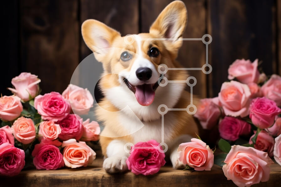 Σετ των 2 Intra Συλλεκτικό Ξύλινο Παζλ Plywood  4mm - Σκύλος Corgi που περιβάλλεται από ροζ τριαντάφυλλα Σε Ξύλινο Κουτί - Διαστάσεις: 10x10 cm – 25 κομμάτια