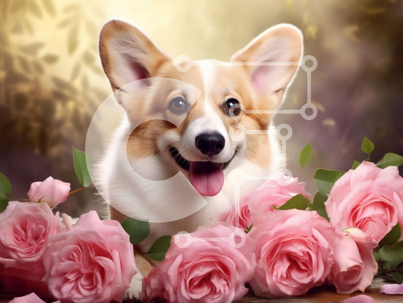 Σετ των 2 Intra Συλλεκτικό Ξύλινο Παζλ Plywood  4mm - Corgi που περιβάλλεται από ροζ τριαντάφυλλα Σε Ξύλινο Κουτί - Διαστάσεις: 10x10 cm – 25 κομμάτια