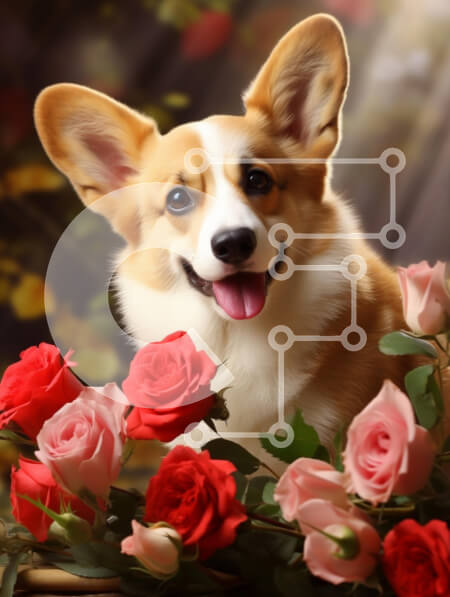 Σετ των 2 Intra Συλλεκτικό Ξύλινο Παζλ Plywood  4mm - Χαρούμενα Corgi που περιβάλλεται από τριαντάφυλλα Σε Ξύλινο Κουτί - Διαστάσεις: 10x10 cm – 25 κομμάτια