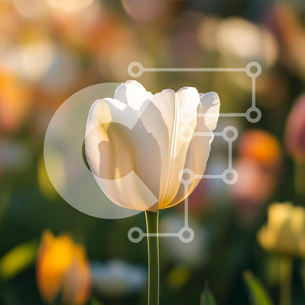 Intra Συλλεκτικό Ξύλινο Παζλ Plywood  4mm - Λευκή τουλίπα σε έναν πολύχρωμο κήπο Σε Ξύλινο Κουτί - Διαστάσεις: 10x10 cm – 25 κομμάτια