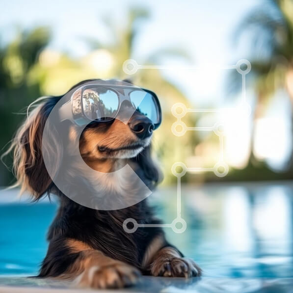 Intra Συλλεκτικό Ξύλινο Παζλ Plywood  4mm - Dachshund Dog Wearing Sunglasses δίπλα στην πισίνα Σε Ξύλινο Κουτί - Διαστάσεις: 10x10 cm – 25 κομμάτια