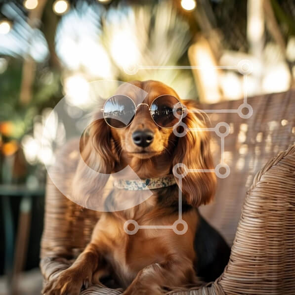 Intra Συλλεκτικό Ξύλινο Παζλ Plywood  4mm - Σκύλος Dachshund με γυαλιά ηλίου που χαλαρώνει σε μια ψάθινη καρέκλα Σε Ξύλινο Κουτί - Διαστάσεις: 10x10 cm – 25 κομμάτια