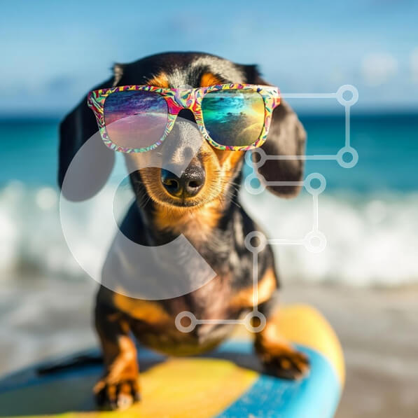 Intra Συλλεκτικό Ξύλινο Παζλ Plywood  4mm - Σκύλος Dachshund με γυαλιά ηλίου στη σανίδα του σερφ στην παραλία Σε Ξύλινο Κουτί - Διαστάσεις: 10x10 cm – 25 κομμάτια