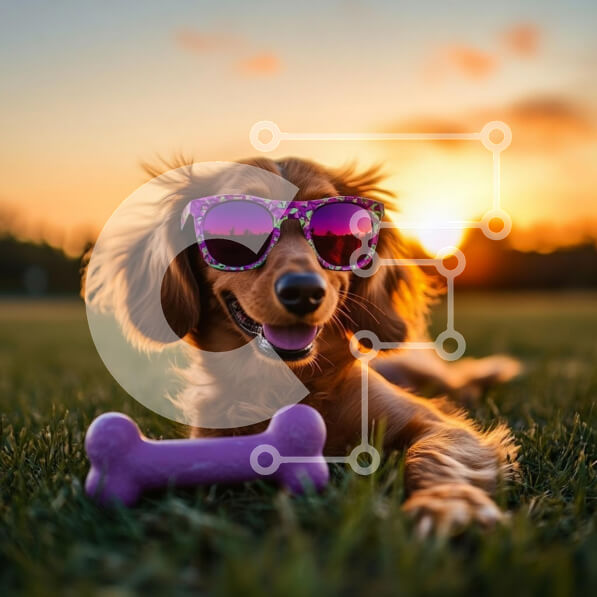 Intra Συλλεκτικό Ξύλινο Παζλ Plywood  4mm - Ευτυχισμένος σκύλος με γυαλιά ηλίου στο ηλιοβασίλεμα Σε Ξύλινο Κουτί - Διαστάσεις: 10x10 cm – 25 κομμάτια