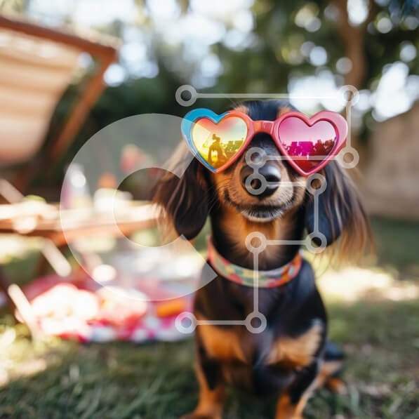 Intra Συλλεκτικό Ξύλινο Παζλ Plywood  4mm - Dachshund με γυαλιά ηλίου σε σχήμα καρδιάς σε μια αυλή Σε Ξύλινο Κουτί - Διαστάσεις: 10x10 cm – 25 κομμάτια