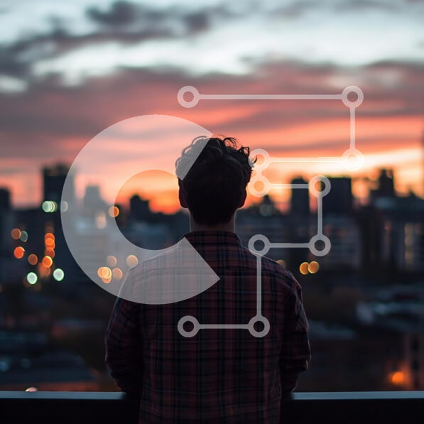 Σετ των 2 Intra Συλλεκτικό Ξύλινο Παζλ Plywood  4mm - Πρόσωπο που παρακολουθεί το ηλιοβασίλεμα πάνω από τον ορίζοντα της πόλης Σε Ξύλινο Κουτί - Διαστάσεις: 10x10 cm – 25 κομμάτια