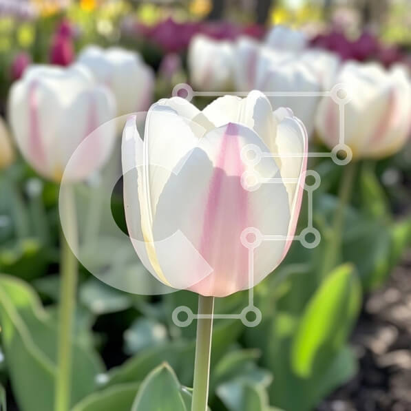 Intra Συλλεκτικό Ξύλινο Παζλ Plywood  4mm - Λευκή τουλίπα με ροζ ραβδώσεις σε έναν κήπο Σε Ξύλινο Κουτί - Διαστάσεις: 10x10 cm – 25 κομμάτια