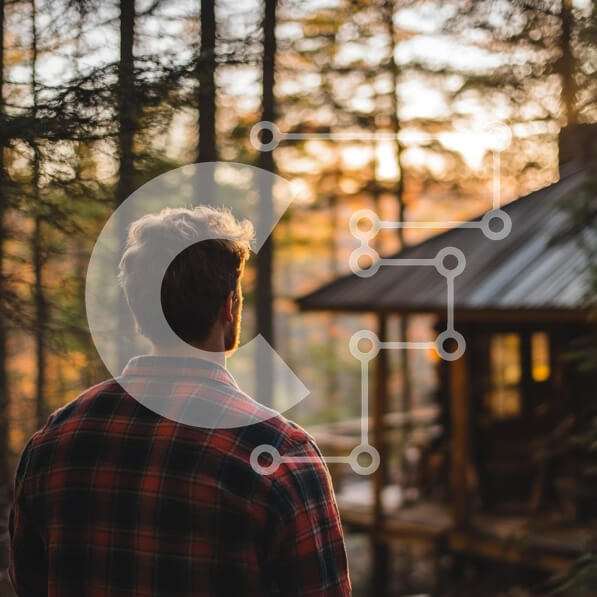 Intra Συλλεκτικό Ξύλινο Παζλ Plywood  4mm - Άτομο που κοιτάζει την καμπίνα στο δάσος κατά τη διάρκεια του ηλιοβασιλέματος Σε Ξύλινο Κουτί - Διαστάσεις: 10x10 cm – 25 κομμάτια