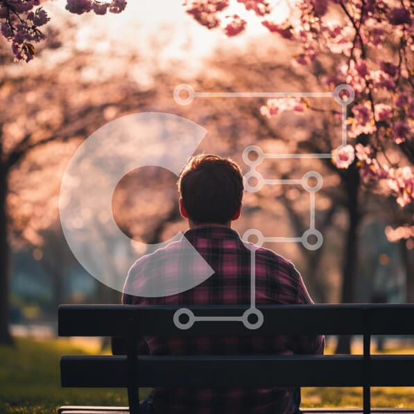 Intra Συλλεκτικό Ξύλινο Παζλ Plywood  4mm - Άτομο που κάθεται σε έναν πάγκο κάτω από τα ανθισμένα δέντρα κερασιών Σε Ξύλινο Κουτί - Διαστάσεις Puzzle: 10x10 cm – 25 κομμάτια