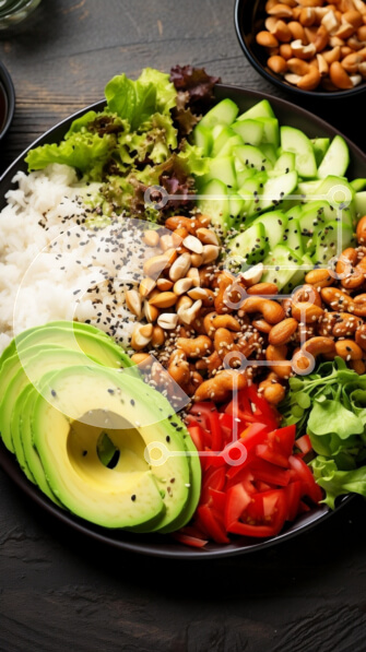 Intra Συλλεκτικό Ξύλινο Παζλ Plywood  4mm - Πολύχρωμη πιατέλα σαλάτας με αβοκάντο, ξηρούς καρπούς και ρύζι Σε Ξύλινο Κουτί - Διαστάσεις: 10x10 cm – 25 κομμάτια