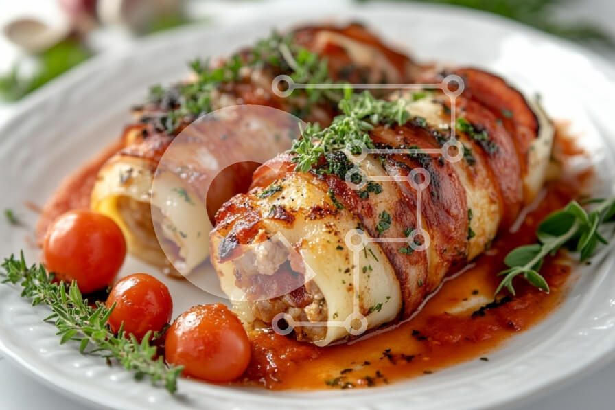 Σετ των 2 Intra Συλλεκτικό Ξύλινο Παζλ Plywood  4mm - Λαχταριστά ρολά τυλιγμένα με μπέικον σε ένα πιάτο Σε Ξύλινο Κουτί - Διαστάσεις: 10x10 cm – 25 κομμάτια