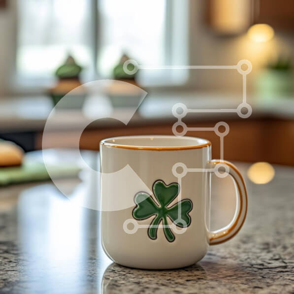 Intra Συλλεκτικό Ξύλινο Παζλ Plywood  4mm - Κεραμική κούπα με σχέδιο τριφύλλι σε πάγκο από γρανίτη Σε Ξύλινο Κουτί - Διαστάσεις Puzzle: 10x10 cm – 25 κομμάτια