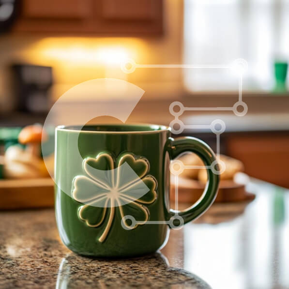 Σετ των 2 Intra Συλλεκτικό Ξύλινο Παζλ Plywood  4mm - Πράσινη κούπα με σχέδιο τετράφυλλου τριφυλλιού στον πάγκο της κουζίνας Σε Ξύλινο Κουτί - Διαστάσεις: 10x10 cm – 25 κομμάτια