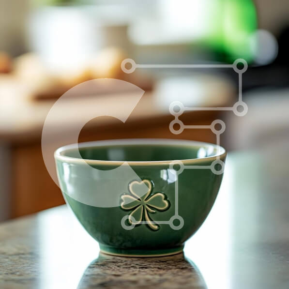 Intra Συλλεκτικό Ξύλινο Παζλ Plywood  4mm - Πράσινο κεραμικό μπολ με σχέδιο τριφύλλι σε μαρμάρινο πάγκο Σε Ξύλινο Κουτί - Διαστάσεις: 10x10 cm – 25 κομμάτια