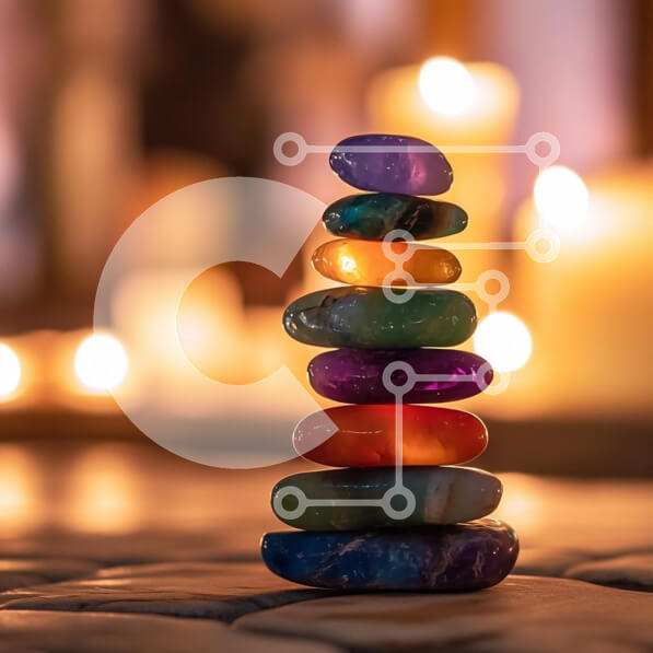 Intra Συλλεκτικό Ξύλινο Παζλ Plywood  4mm - Στοίβα από πολύχρωμες στιλβωμένες πέτρες με φόντο το φως των κεριών Σε Ξύλινο Κουτί - Διαστάσεις: 10x10 cm – 25 κομμάτια