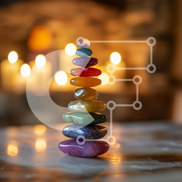 Intra Συλλεκτικό Ξύλινο Παζλ Plywood  4mm - Στοίβα από πολύχρωμες πέτρες με φόντο το φως των κεριών Σε Ξύλινο Κουτί - Διαστάσεις: 10x10 cm – 25 κομμάτια