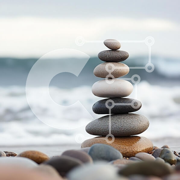 Intra Συλλεκτικό Ξύλινο Παζλ Plywood  4mm - Ισορροπημένη στοίβα βότσαλων στην παραλία Σε Ξύλινο Κουτί - Διαστάσεις: 10x10 cm – 25 κομμάτια