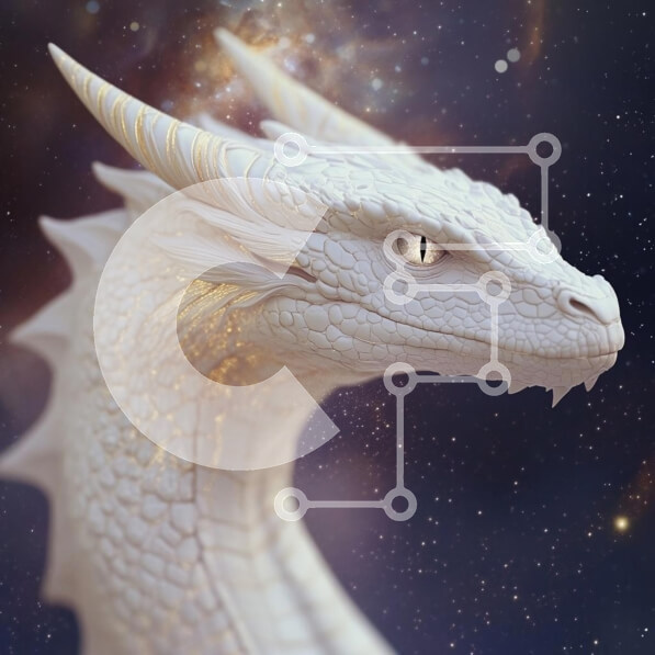 Intra Συλλεκτικό Ξύλινο Παζλ Plywood  4mm - Μεγαλοπρεπής Λευκός Δράκος στο Κοσμικό Διάστημα Σε Ξύλινο Κουτί - Διαστάσεις Puzzle: 10x10 cm – 25 κομμάτια