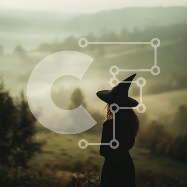 Intra Συλλεκτικό Ξύλινο Παζλ Plywood  4mm - Σιλουέτα μιας γυναίκας με καπέλο μάγισσας ενάντια σε ένα ομιχλώδες τοπίο Σε Ξύλινο Κουτί - Διαστάσεις: 10x10 cm – 25 κομμάτια