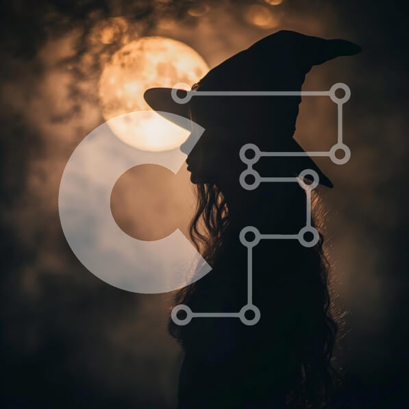 Intra Συλλεκτικό Ξύλινο Παζλ Plywood  4mm - Σιλουέτα μάγισσας ενάντια σε μια πανσέληνο Σε Ξύλινο Κουτί - Διαστάσεις: 10x10 cm – 25 κομμάτια