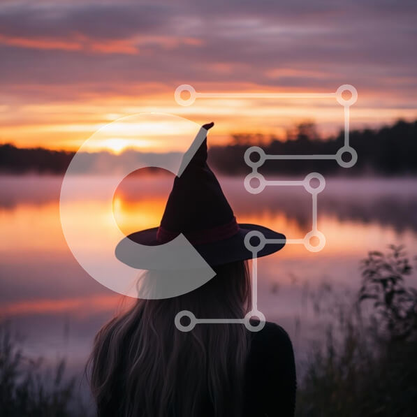 Intra Συλλεκτικό Ξύλινο Παζλ Plywood  4mm - Γυναίκα με καπέλο μάγισσας στο ηλιοβασίλεμα δίπλα στη λίμνη Σε Ξύλινο Κουτί - Διαστάσεις: 10x10 cm – 25 κομμάτια