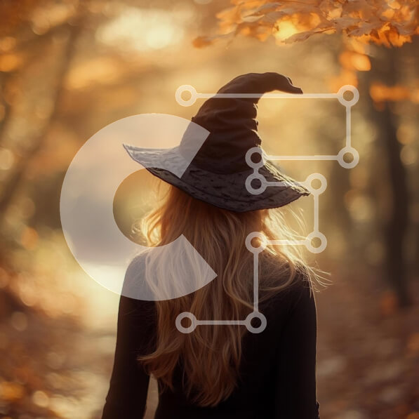 Intra Συλλεκτικό Ξύλινο Παζλ Plywood  4mm - Γυναίκα με μαύρο καπέλο μάγισσας που περπατά στο μονοπάτι του φθινοπώρου Σε Ξύλινο Κουτί - Διαστάσεις Puzzle: 10x10 cm – 25 κομμάτια