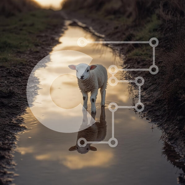 Intra Συλλεκτικό Ξύλινο Παζλ Plywood  4mm - Αρνί που στέκεται σε μια λακκούβα στο ηλιοβασίλεμα Σε Ξύλινο Κουτί - Διαστάσεις: 10x10 cm – 25 κομμάτια