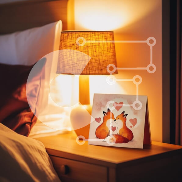 Intra Συλλεκτικό Ξύλινο Παζλ Plywood  4mm - Άνετη σκηνή δίπλα στο κρεβάτι με αλεπούδες και καρδιές Σε Ξύλινο Κουτί - Διαστάσεις Puzzle: 10x10 cm – 25 κομμάτια