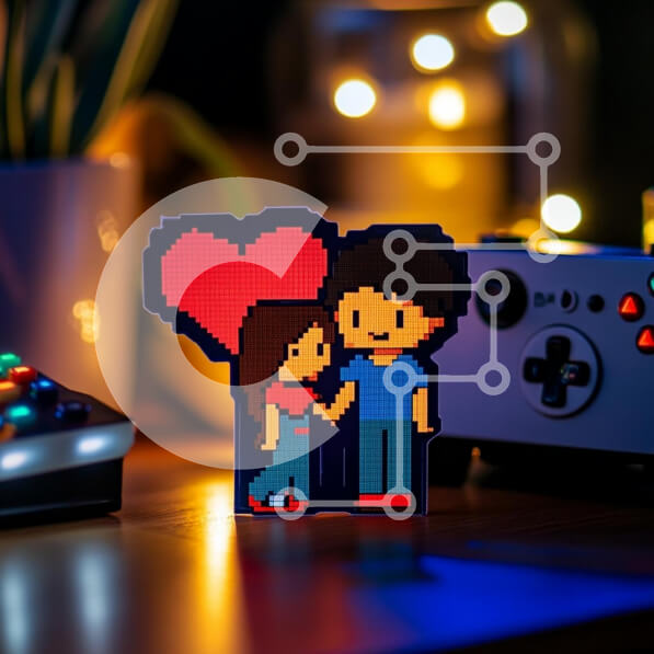 Intra Συλλεκτικό Ξύλινο Παζλ Plywood  4mm - Ζευγάρι τέχνης Pixel με καρδιά Σε Ξύλινο Κουτί - Διαστάσεις Puzzle: 10x10 cm – 25 κομμάτια