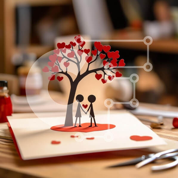 Intra Συλλεκτικό Ξύλινο Παζλ Plywood  4mm - Αναδυόμενη ευχετήρια κάρτα με δέντρο καρδιάς και φιγούρες με ραβδί Σε Ξύλινο Κουτί - Διαστάσεις Puzzle: 10x10 cm – 25 κομμάτια