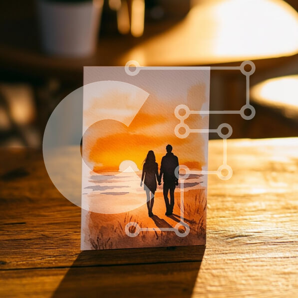 Intra Συλλεκτικό Ξύλινο Παζλ Plywood  4mm - Ακουαρέλα ενός ζευγαριού που περπατά στην παραλία στο ηλιοβασίλεμα Σε Ξύλινο Κουτί - Διαστάσεις Puzzle: 10x10 cm – 25 κομμάτια
