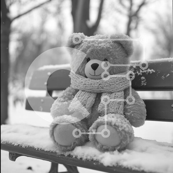 Intra Συλλεκτικό Ξύλινο Παζλ Plywood  4mm - Teddy Bear κάθεται σε έναν χιονισμένο πάγκο το χειμώνα Σε Ξύλινο Κουτί - Διαστάσεις Puzzle: 10x10 cm – 25 κομμάτια